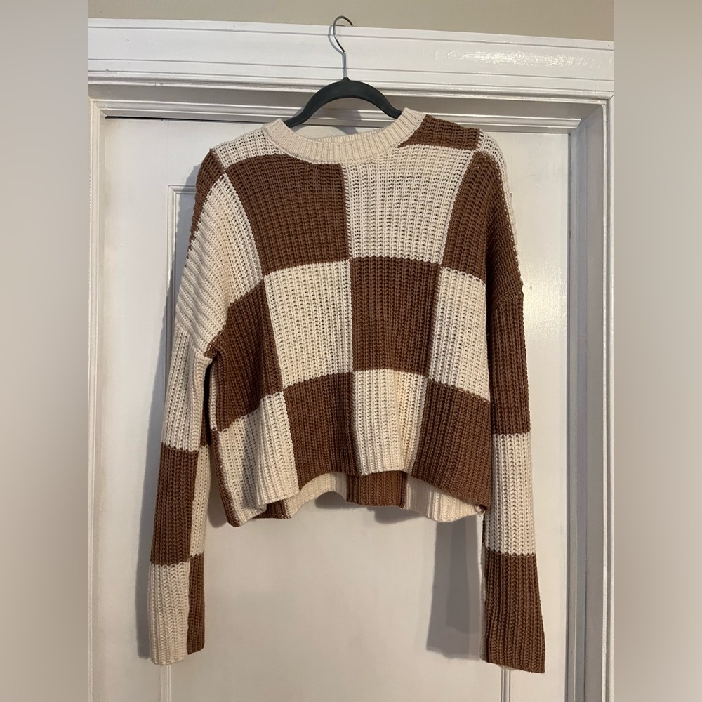Moon And Madison Knitted Checkered Sweater Brown White Size Small Cropped